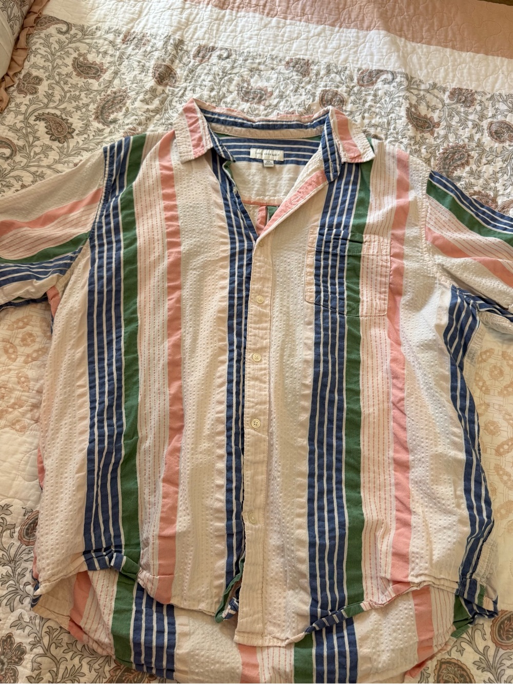 Casual Short-Sleeve Button-Down Shirt in Pink, Blue & Green Stripes